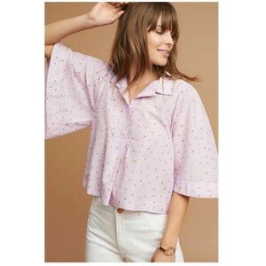 Anthropologie Pink Bell Sleeve Notched Collar Blouse